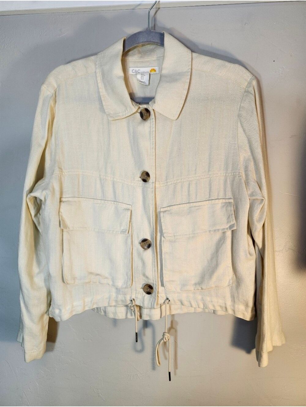 C&C California Cream Button-Front Short Utility Jacket Linen Blend